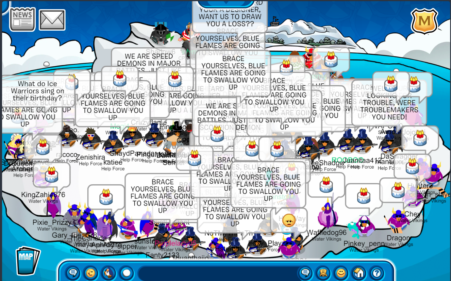 Two Club Penguin Armies, Help Force and Water Vikings, battle it out in the AUSIA Arena: Summer Edition grand finals. Help Force are in a plus shape whereas Water Vikings are in an infinity sign. Help Force are doing a word tactic that reads: "BRACE YOURSELVES, BLUE FLAMES ARE GOING TO SWALLOW YOU UP" whereas Water Vikings are doing E + K, showcasing an emote of a cake.